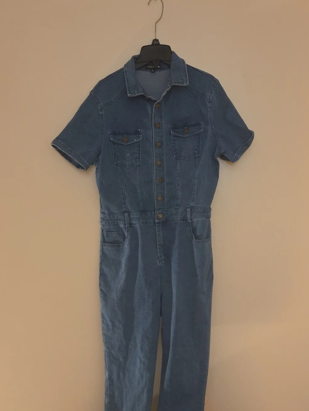 Fashion Nova Short-Sleeve Denim Jumpsuit - Medium Blue